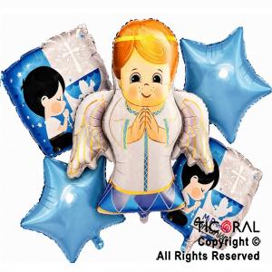 SET DE GLOBOS METALIZADO COMUNION ANGEL CELESTE 5 UNIDADES